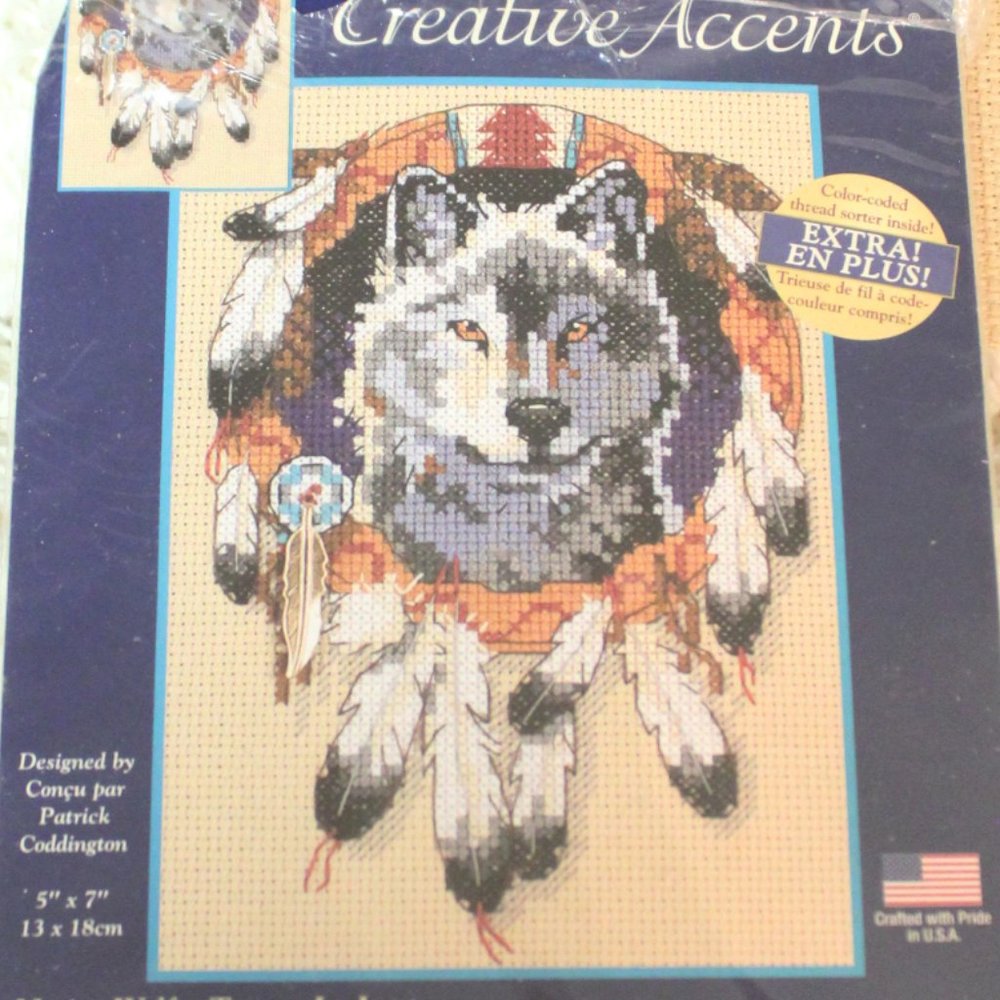🌞5/$15 SALE🌞 Vintage Native Wolf Totem Cross Stitch Kit by Creative Accents